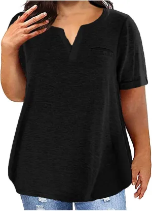 Plus Size Tops for Women Dressy Blouse Notch V Neck Oversized T Shirts Summer Casual Short Sleeve Tshirt with Pockets