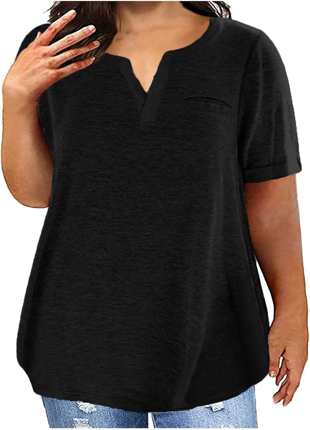 Plus Size Tops for Women Dressy Blouse Notch V Neck Oversized T Shirts Summer Casual Short Sleeve Tshirt with Pockets
