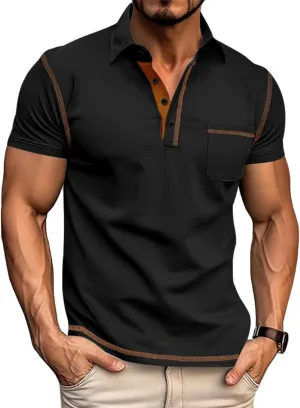 Polo Shirts Men Cotton Blend Short Sleeve Button Slim Fit Color Block Collared Patchwork Summer Tshirts with Pocket
