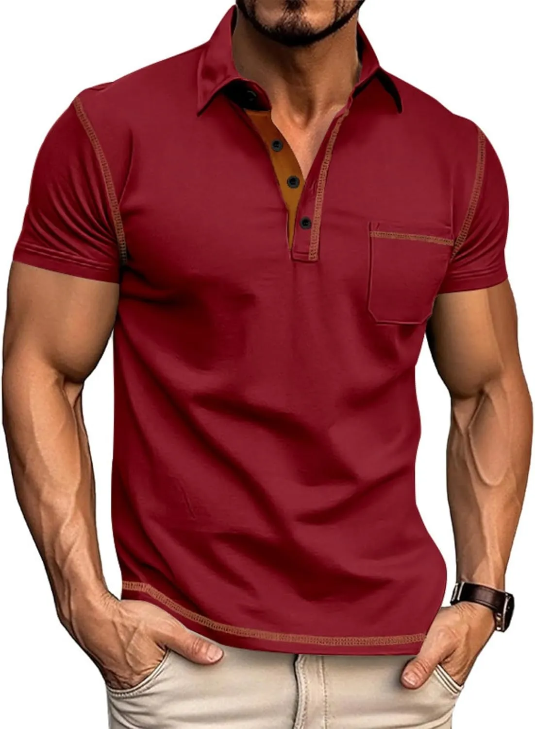 Polo Shirts Men Cotton Blend Short Sleeve Button Slim Fit Color Block Collared Patchwork Summer Tshirts with Pocket