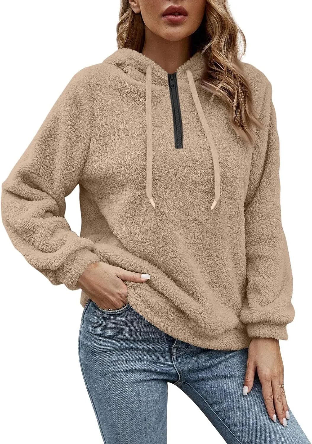 Quarter Zip Pullover Women Comfy Warm Sherpa Fleece Hooded Sweatshirts Ladies 1/4 Zip Winter Sweaters Outwear