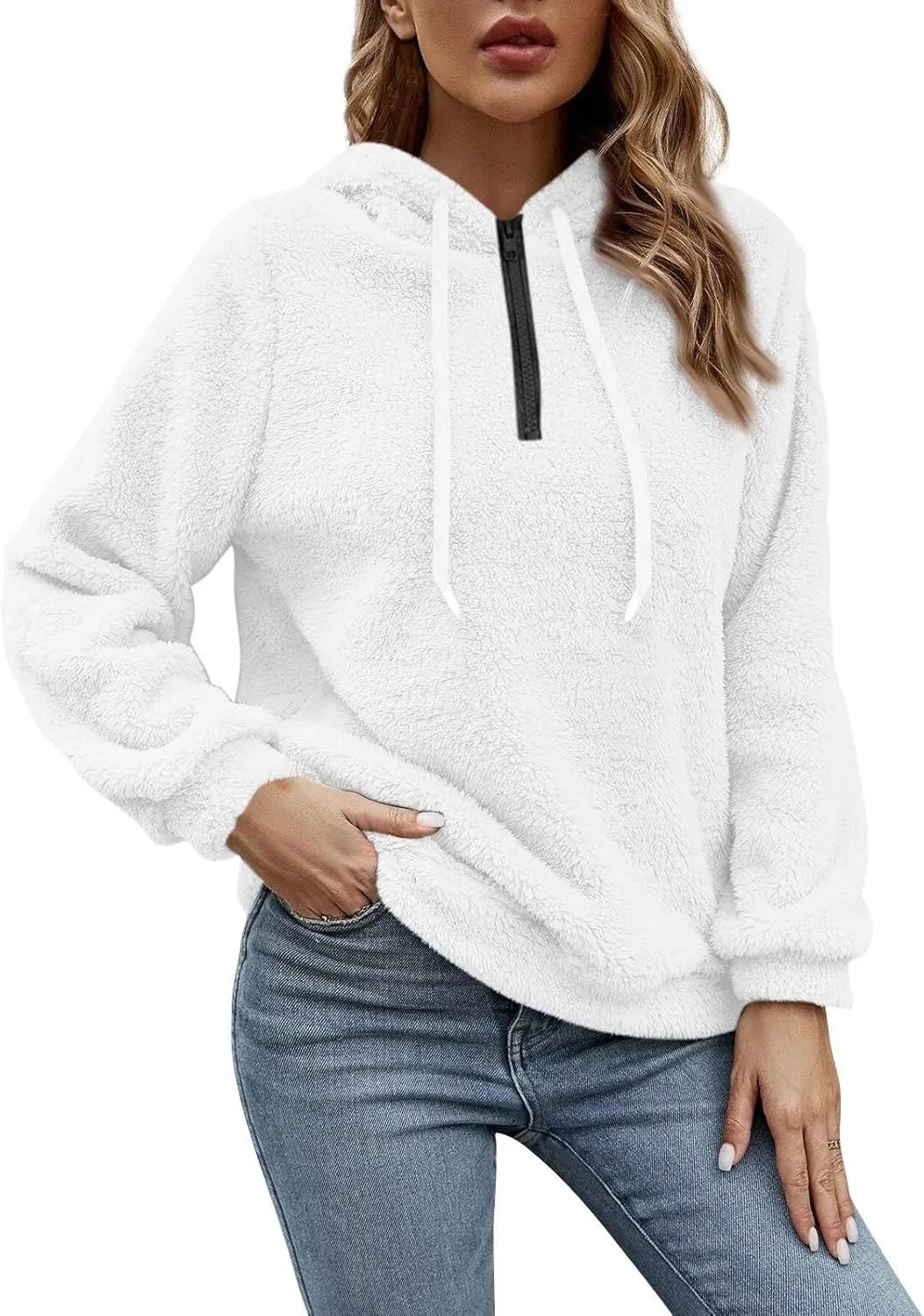 Quarter Zip Pullover Women Comfy Warm Sherpa Fleece Hooded Sweatshirts Ladies 1/4 Zip Winter Sweaters Outwear