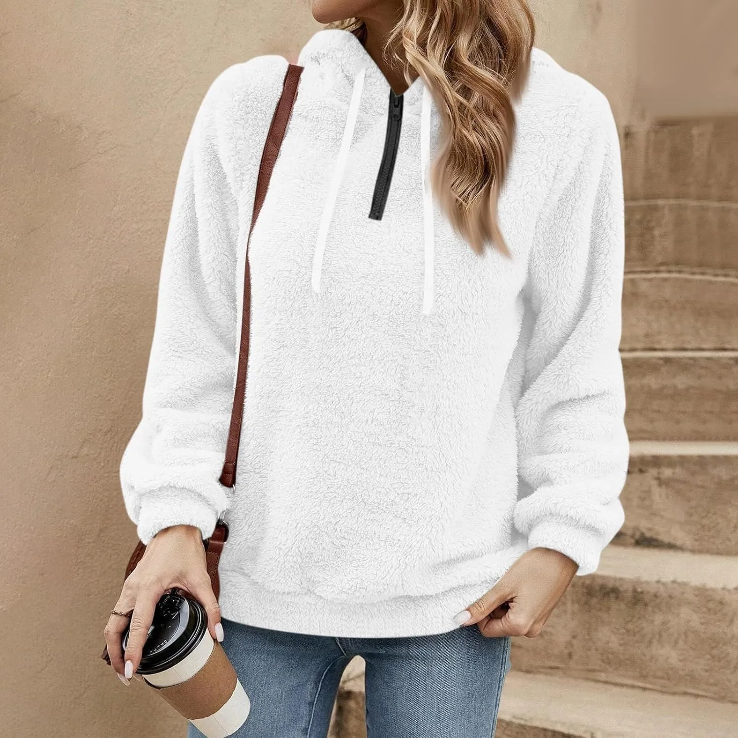Quarter Zip Pullover Women Comfy Warm Sherpa Fleece Hooded Sweatshirts Ladies 1/4 Zip Winter Sweaters Outwear