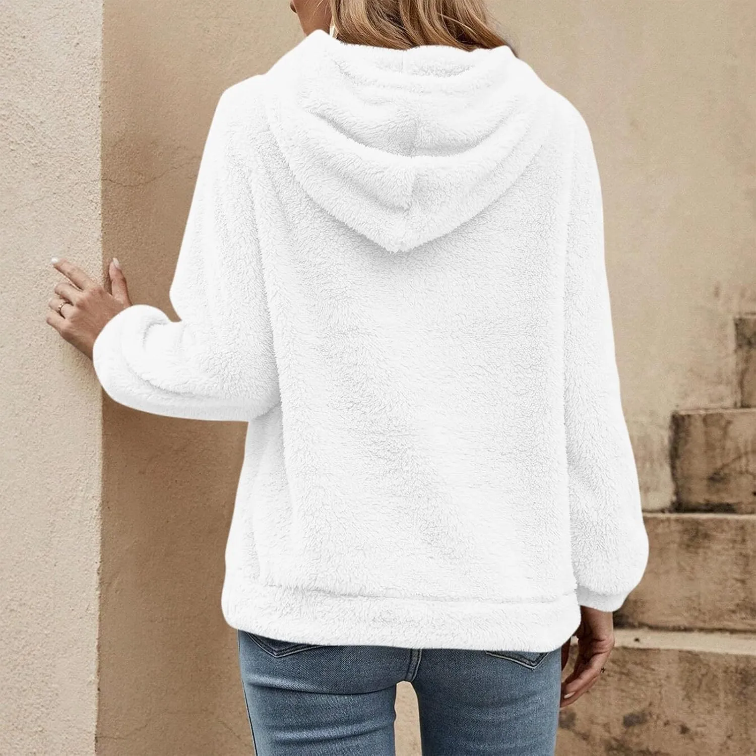 Quarter Zip Pullover Women Comfy Warm Sherpa Fleece Hooded Sweatshirts Ladies 1/4 Zip Winter Sweaters Outwear