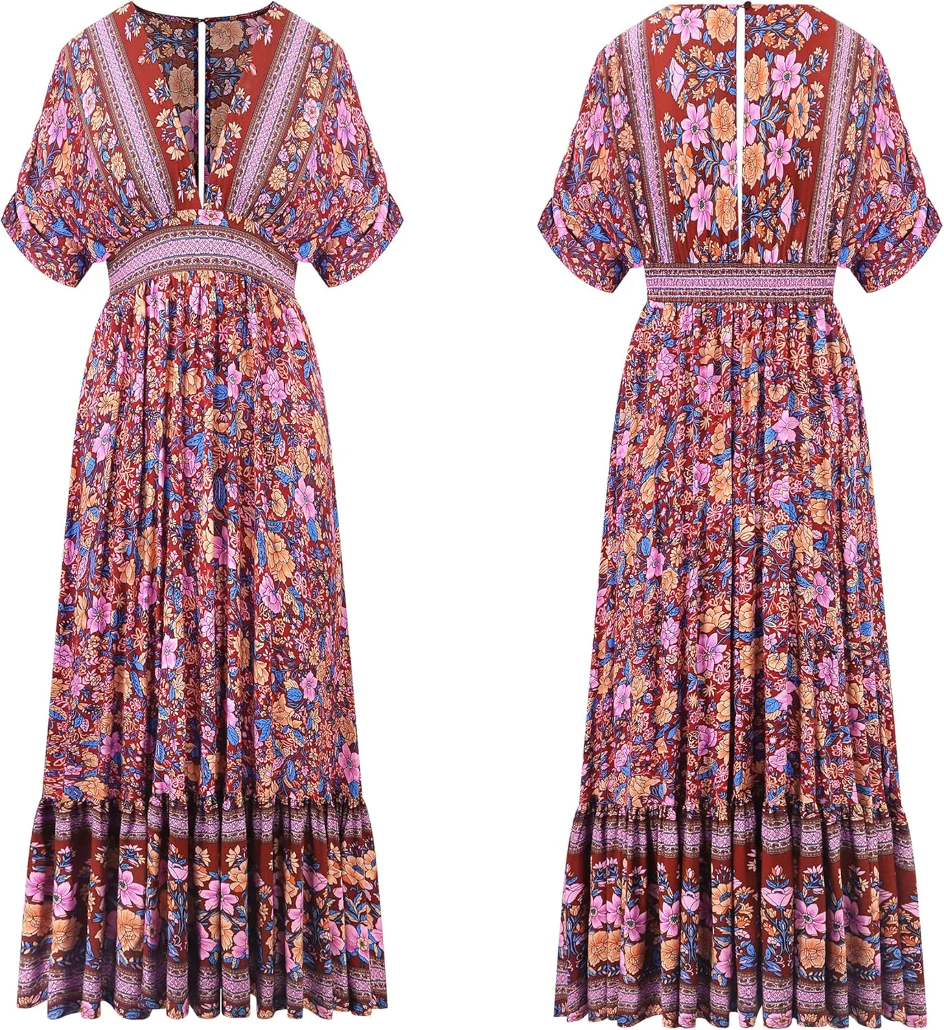 R.Vivimos Women's Summer Boho Floral Print Midi Dress Short Sleeve Deep V Neck Empire Waist Flowy Beach Dress with Pockets