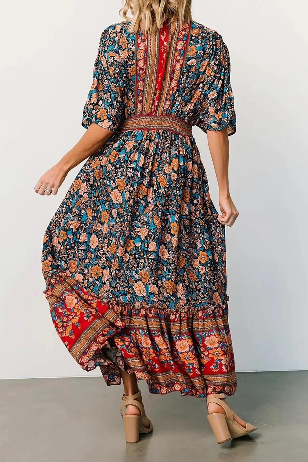 R.Vivimos Women's Summer Boho Floral Print Midi Dress Short Sleeve Deep V Neck Empire Waist Flowy Beach Dress with Pockets