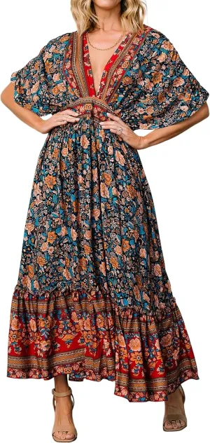 R.Vivimos Women's Summer Boho Floral Print Midi Dress Short Sleeve Deep V Neck Empire Waist Flowy Beach Dress with Pockets