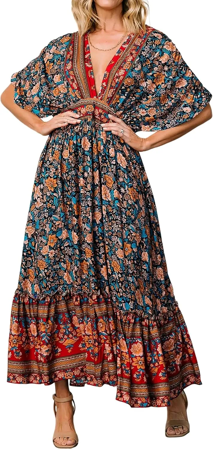 R.Vivimos Women's Summer Boho Floral Print Midi Dress Short Sleeve Deep V Neck Empire Waist Flowy Beach Dress with Pockets