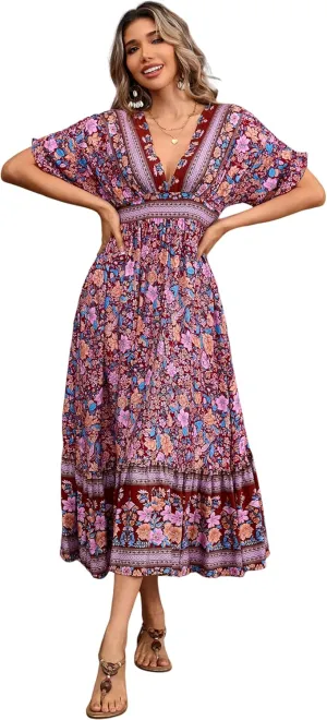 R.Vivimos Women's Summer Boho Floral Print Midi Dress Short Sleeve Deep V Neck Empire Waist Flowy Beach Dress with Pockets