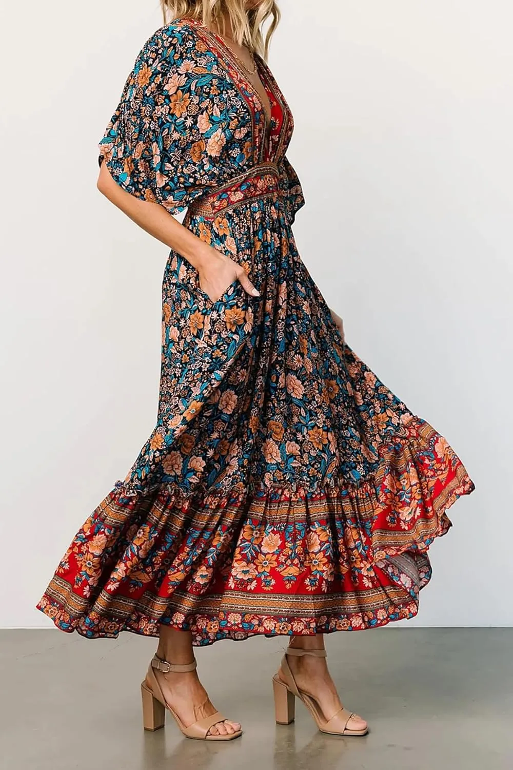 R.Vivimos Women's Summer Boho Floral Print Midi Dress Short Sleeve Deep V Neck Empire Waist Flowy Beach Dress with Pockets