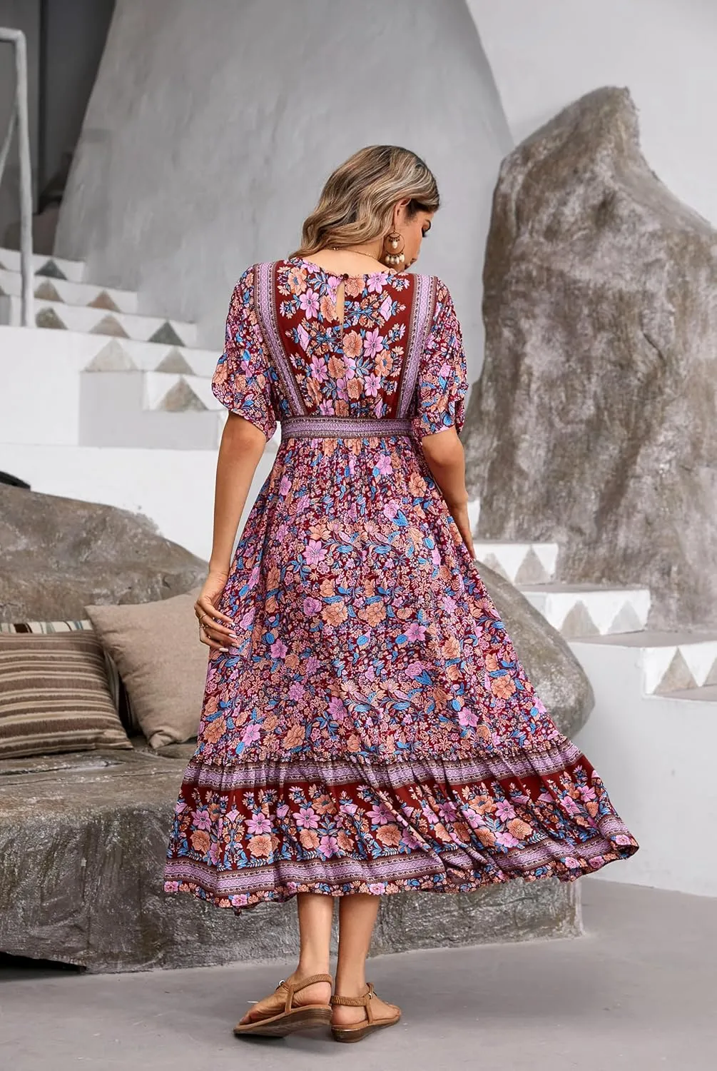 R.Vivimos Women's Summer Boho Floral Print Midi Dress Short Sleeve Deep V Neck Empire Waist Flowy Beach Dress with Pockets