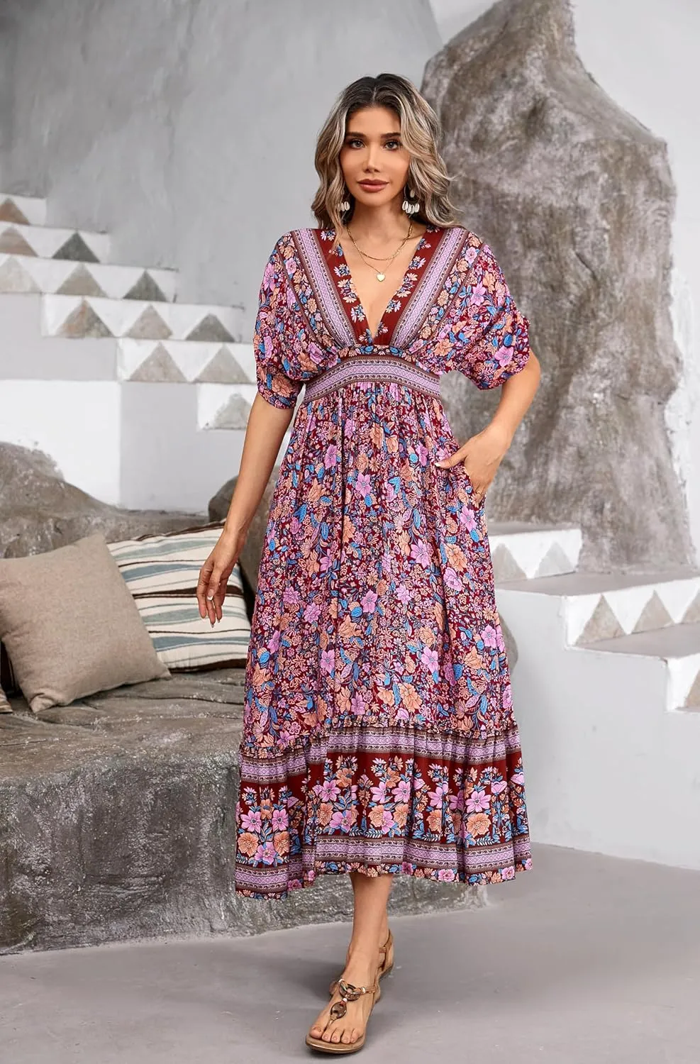 R.Vivimos Women's Summer Boho Floral Print Midi Dress Short Sleeve Deep V Neck Empire Waist Flowy Beach Dress with Pockets