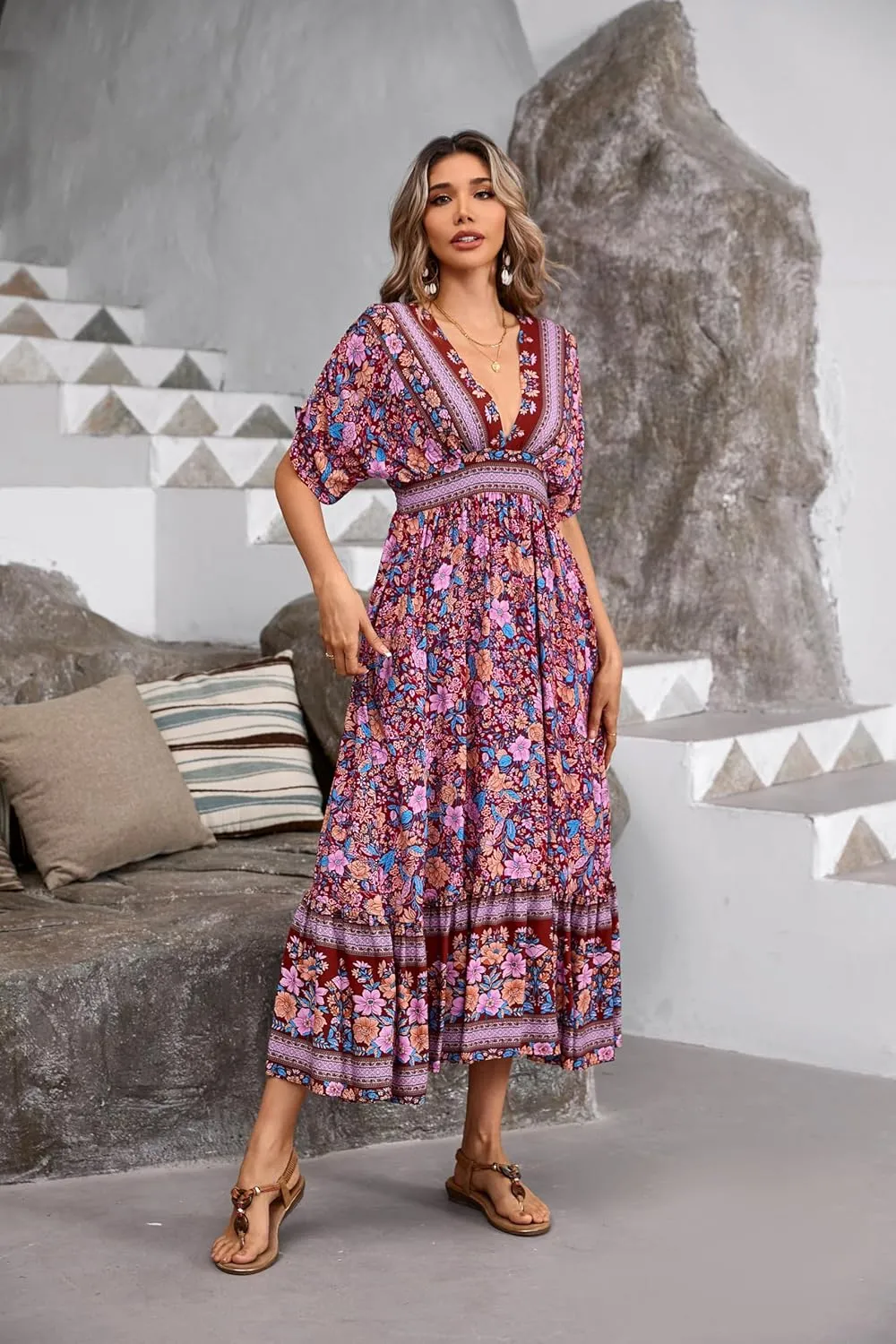 R.Vivimos Women's Summer Boho Floral Print Midi Dress Short Sleeve Deep V Neck Empire Waist Flowy Beach Dress with Pockets