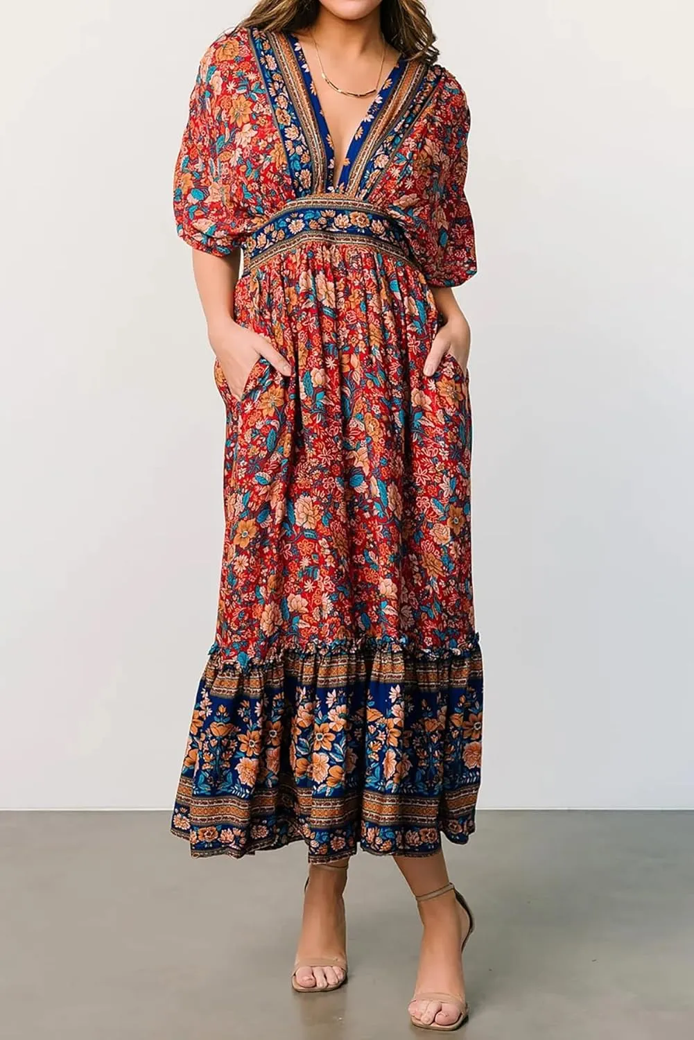 R.Vivimos Women's Summer Boho Floral Print Midi Dress Short Sleeve Deep V Neck Empire Waist Flowy Beach Dress with Pockets