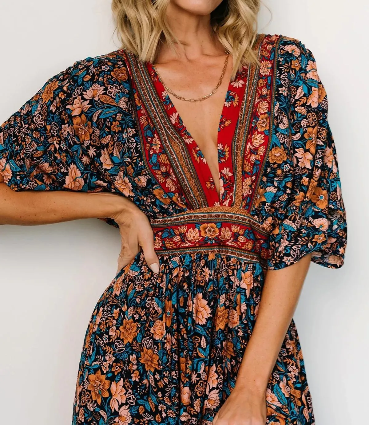 R.Vivimos Women's Summer Boho Floral Print Midi Dress Short Sleeve Deep V Neck Empire Waist Flowy Beach Dress with Pockets
