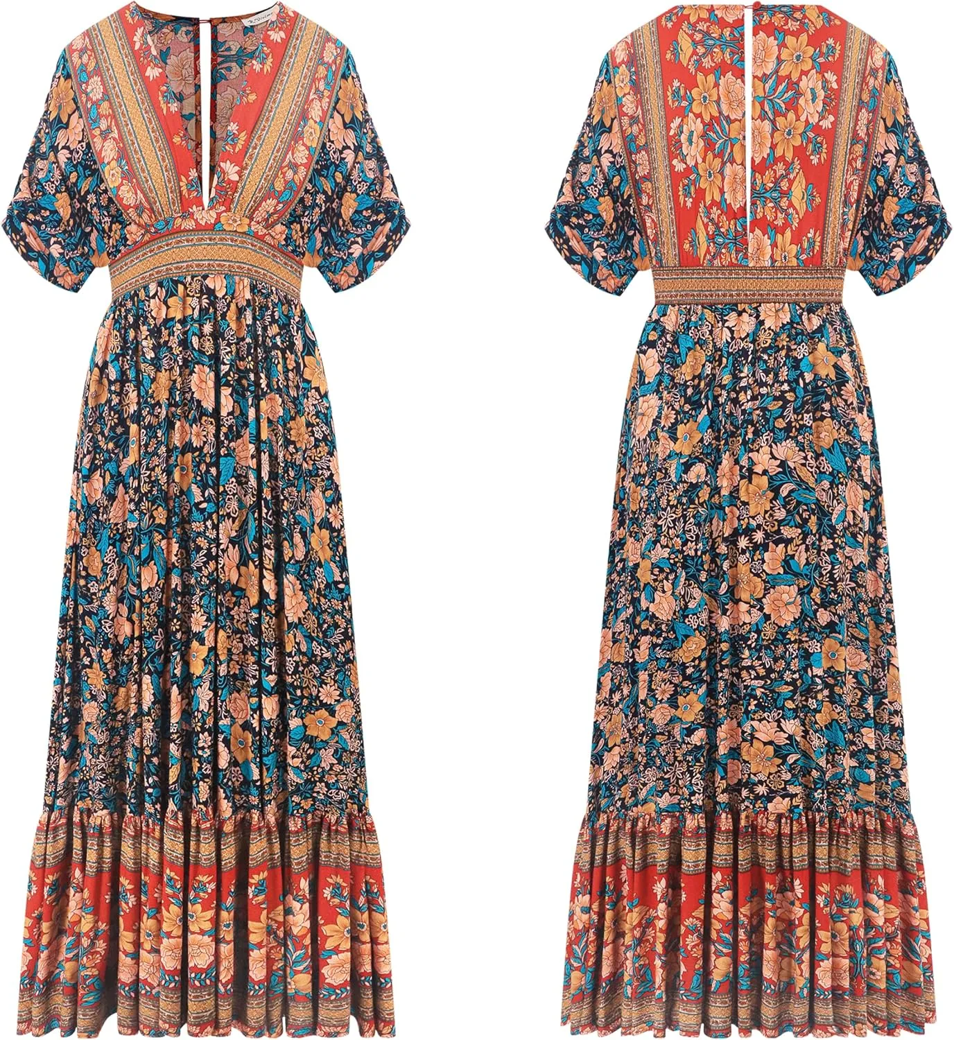 R.Vivimos Women's Summer Boho Floral Print Midi Dress Short Sleeve Deep V Neck Empire Waist Flowy Beach Dress with Pockets