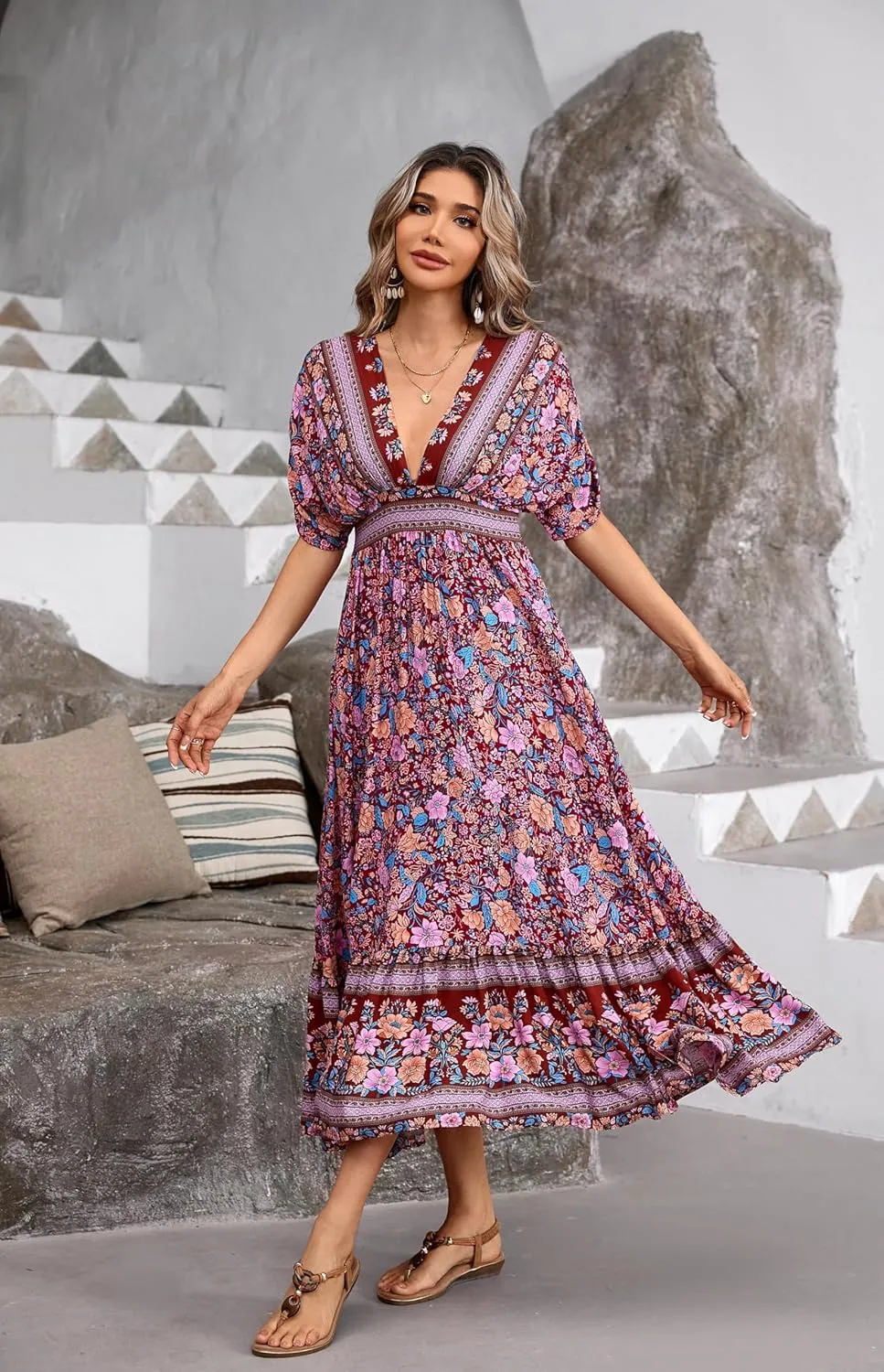R.Vivimos Women's Summer Boho Floral Print Midi Dress Short Sleeve Deep V Neck Empire Waist Flowy Beach Dress with Pockets