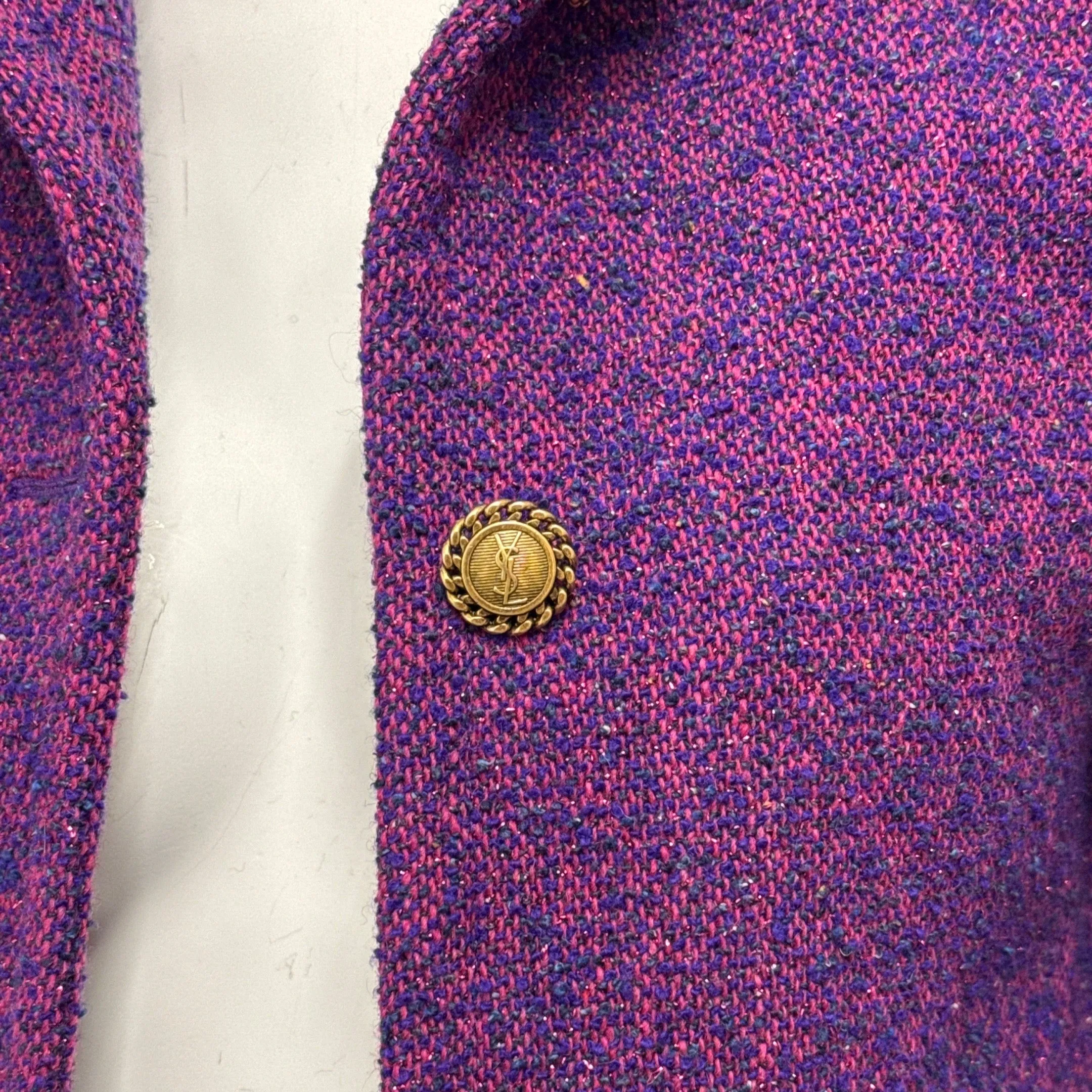 Saint Laurent Women's Purple Metallic Tweed Open Blazer