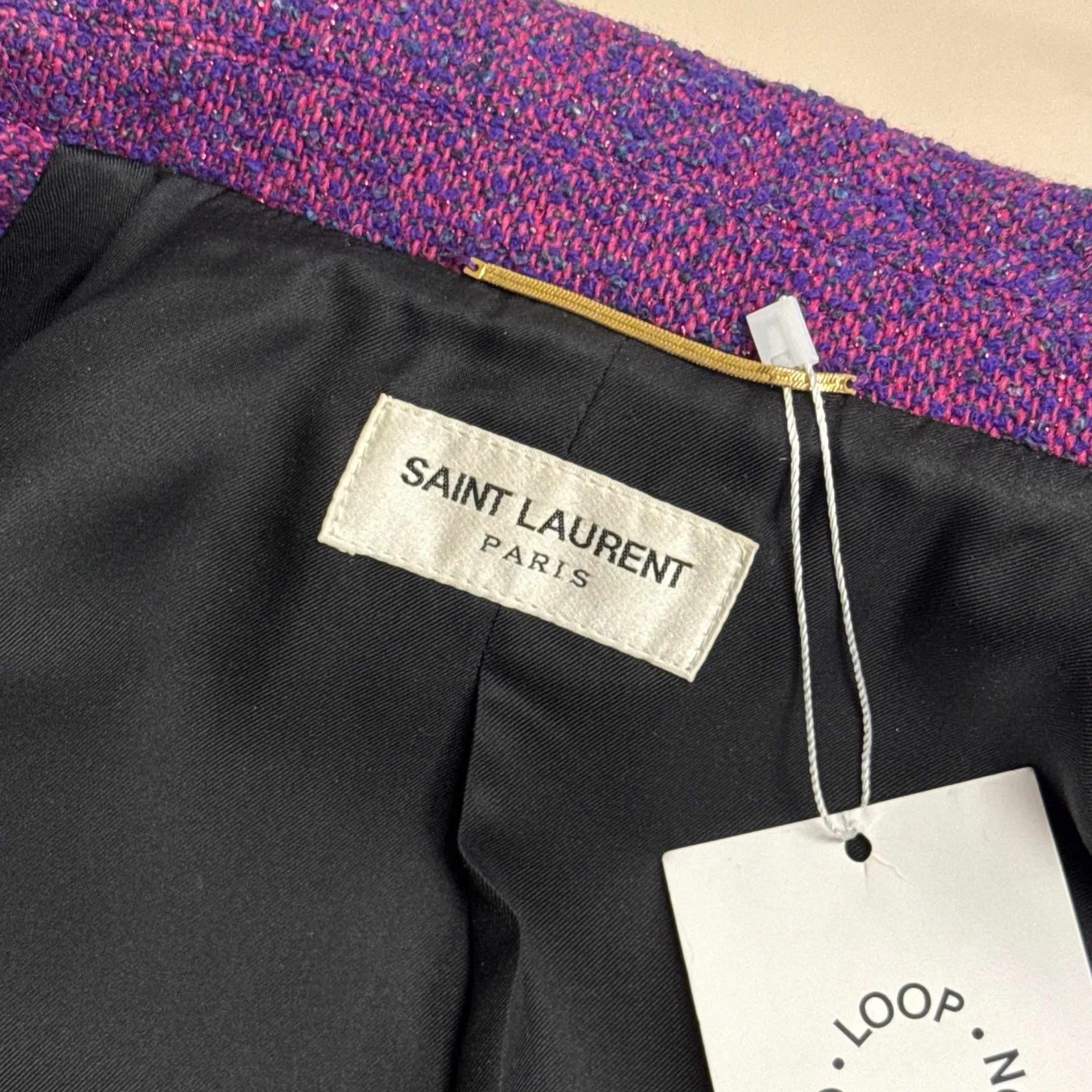 Saint Laurent Women's Purple Metallic Tweed Open Blazer