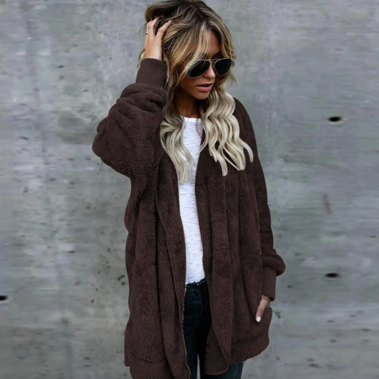 Sherpa Fleece Jacket for Women Plus Size Open Front Cardigan Sweaters Soft Fluffy Outerwear Winter Coats with Pocket