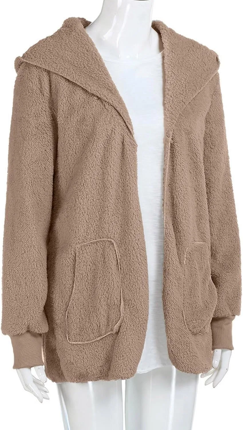 Sherpa Fleece Jacket for Women Plus Size Open Front Cardigan Sweaters Soft Fluffy Outerwear Winter Coats with Pocket