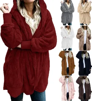 Sherpa Fleece Jacket for Women Plus Size Open Front Cardigan Sweaters Soft Fluffy Outerwear Winter Coats with Pocket
