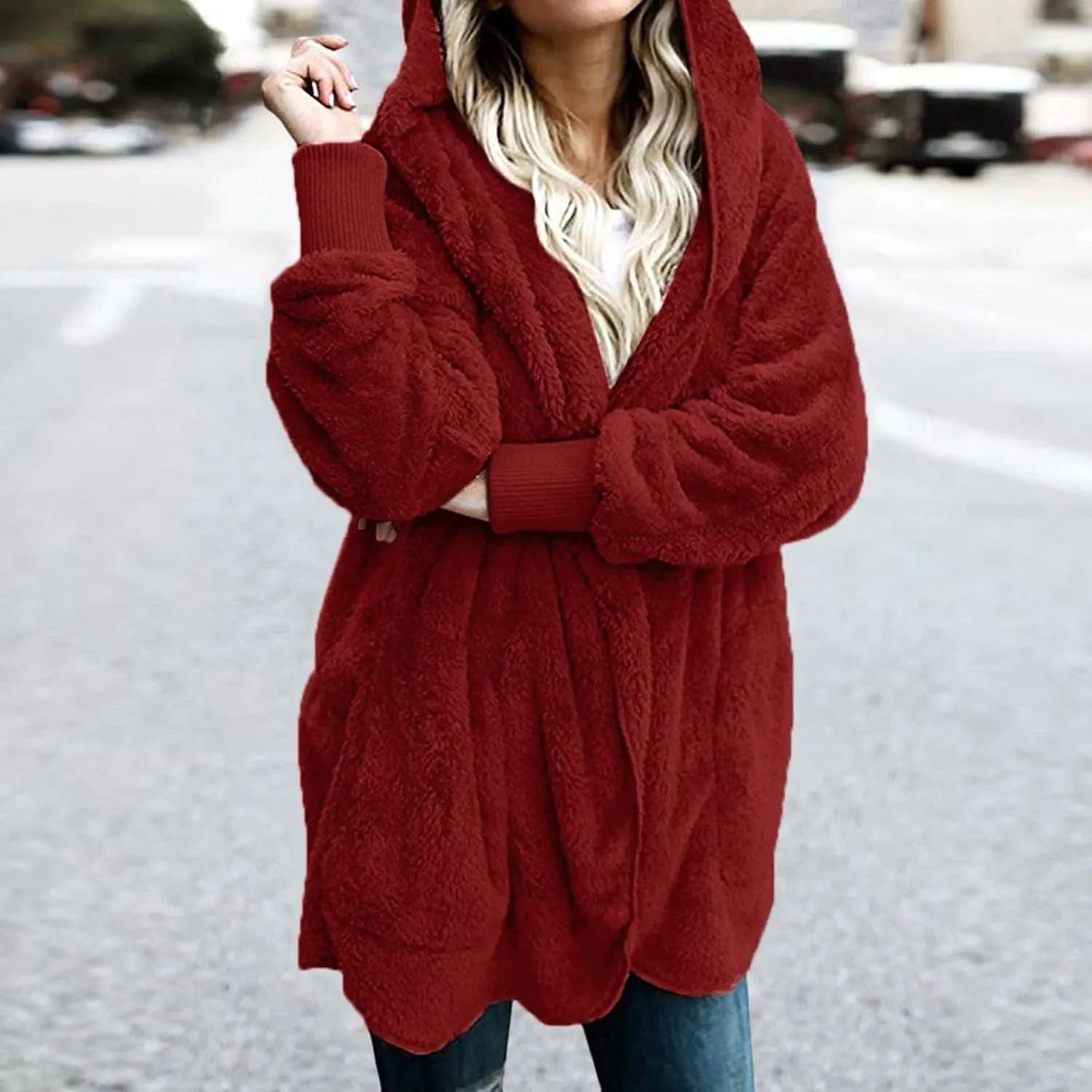 Sherpa Fleece Jacket for Women Plus Size Open Front Cardigan Sweaters Soft Fluffy Outerwear Winter Coats with Pocket