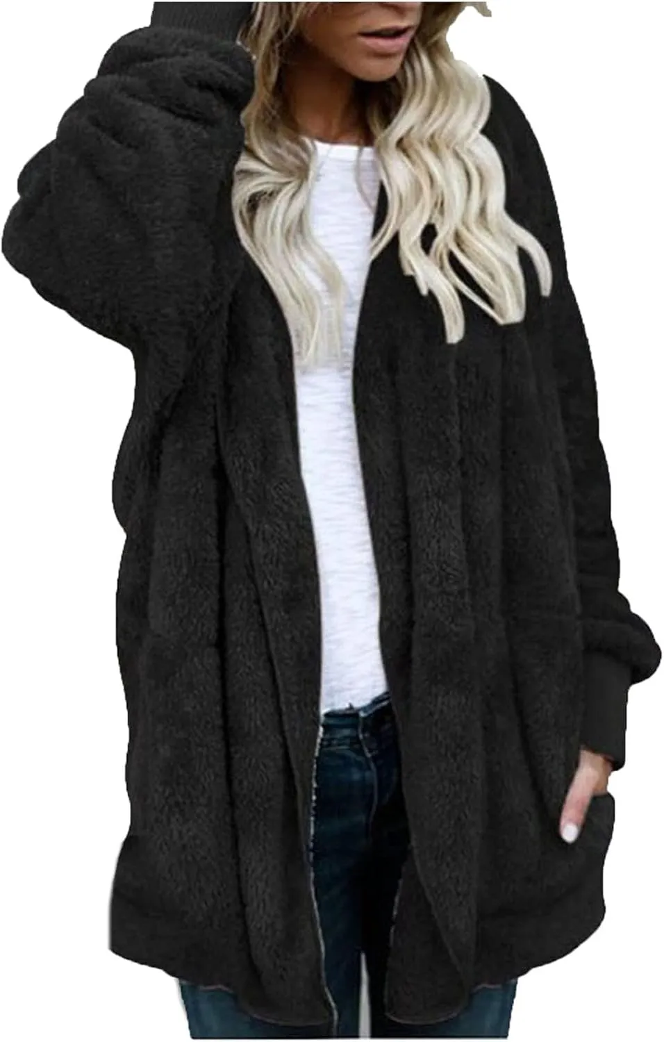 Sherpa Fleece Jacket for Women Plus Size Open Front Cardigan Sweaters Soft Fluffy Outerwear Winter Coats with Pocket