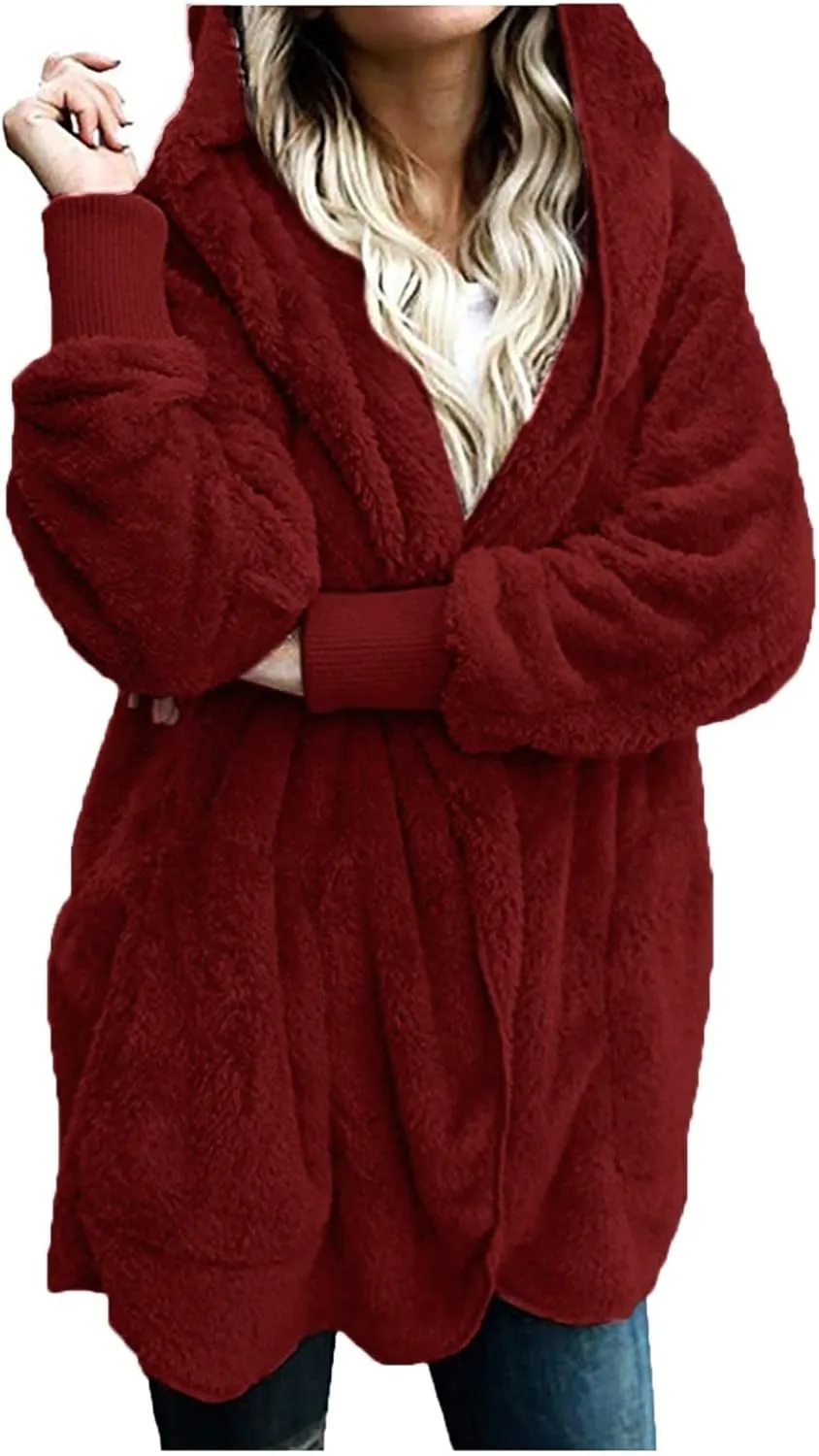 Sherpa Fleece Jacket for Women Plus Size Open Front Cardigan Sweaters Soft Fluffy Outerwear Winter Coats with Pocket