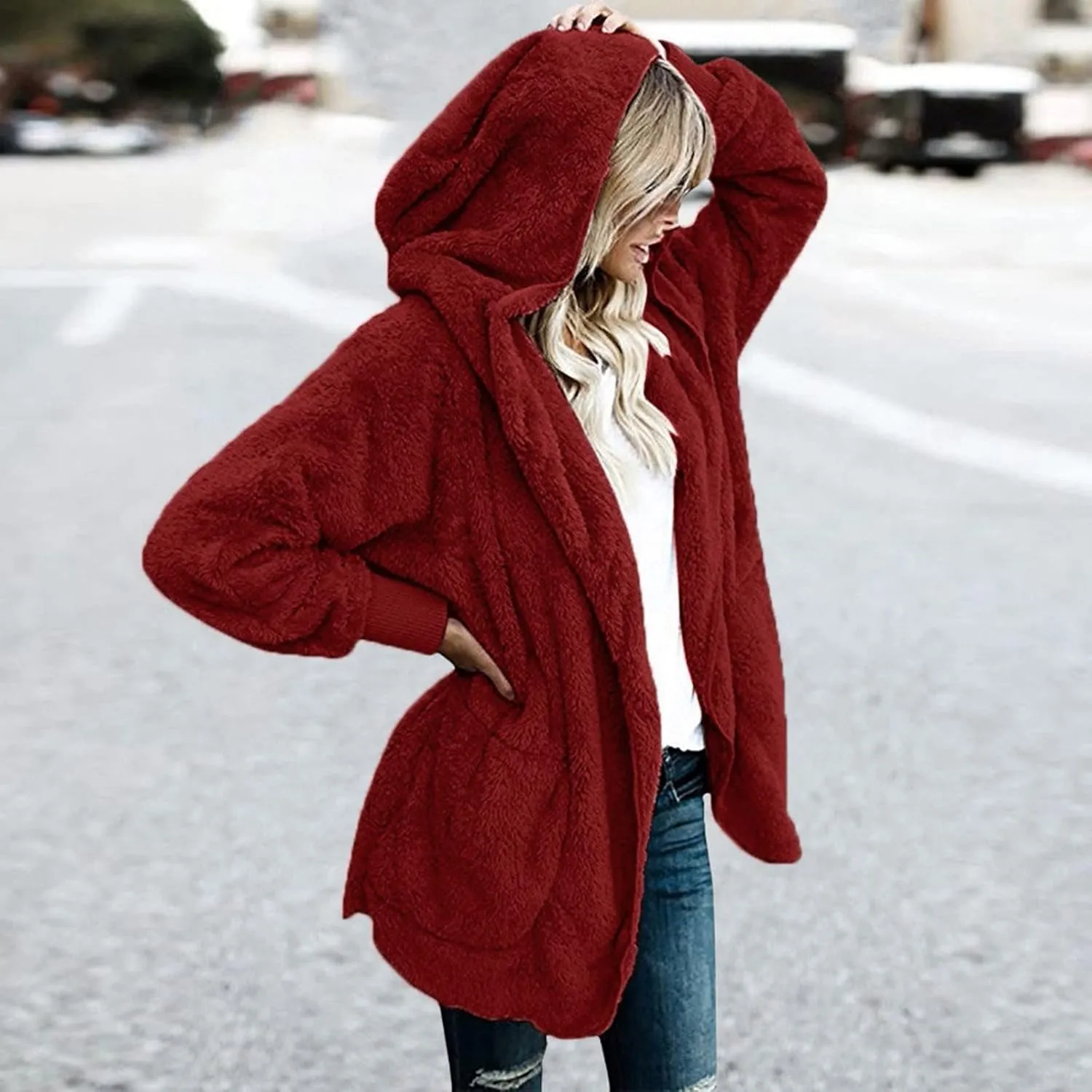 Sherpa Fleece Jacket for Women Plus Size Open Front Cardigan Sweaters Soft Fluffy Outerwear Winter Coats with Pocket