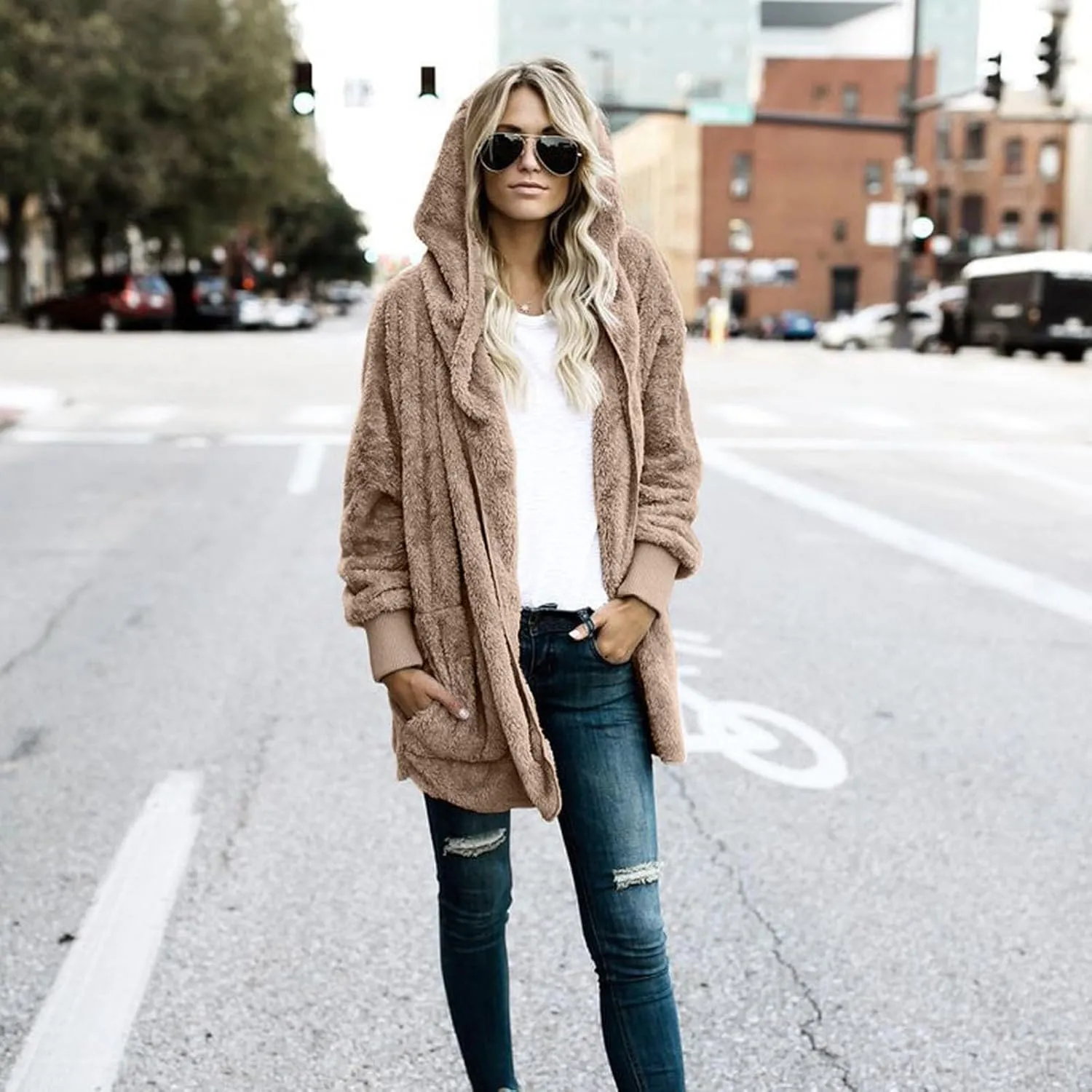 Sherpa Fleece Jacket for Women Plus Size Open Front Cardigan Sweaters Soft Fluffy Outerwear Winter Coats with Pocket