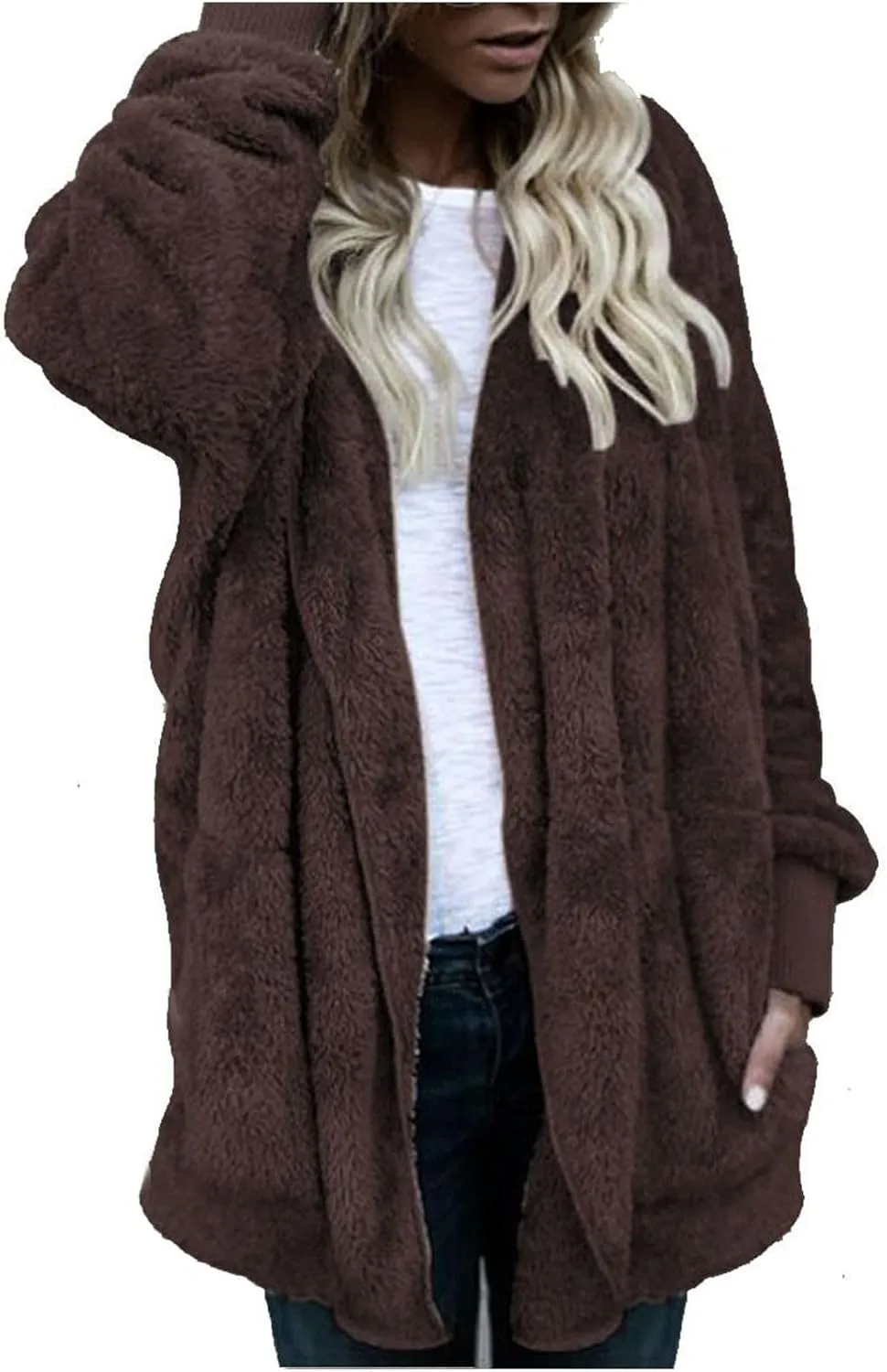 Sherpa Fleece Jacket for Women Plus Size Open Front Cardigan Sweaters Soft Fluffy Outerwear Winter Coats with Pocket