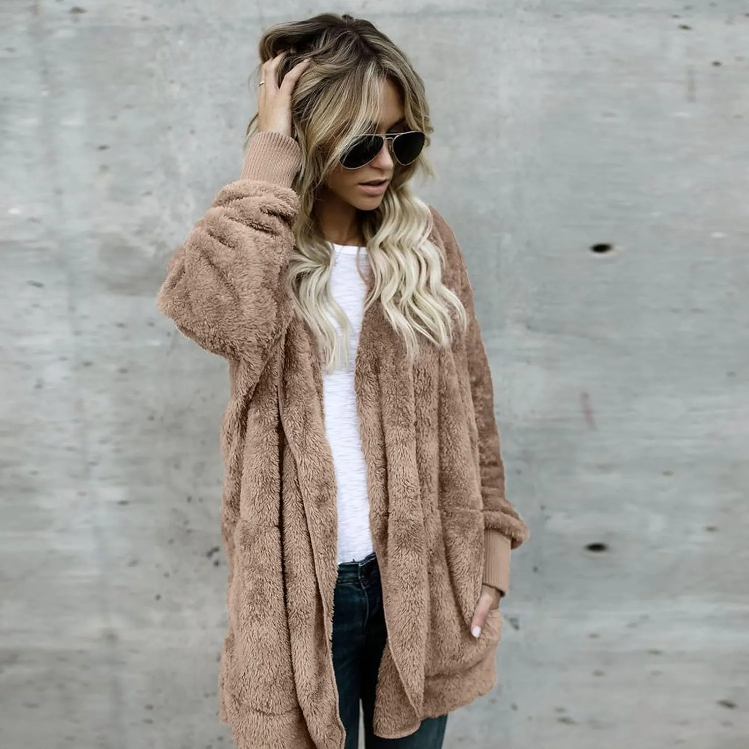 Sherpa Fleece Jacket for Women Plus Size Open Front Cardigan Sweaters Soft Fluffy Outerwear Winter Coats with Pocket