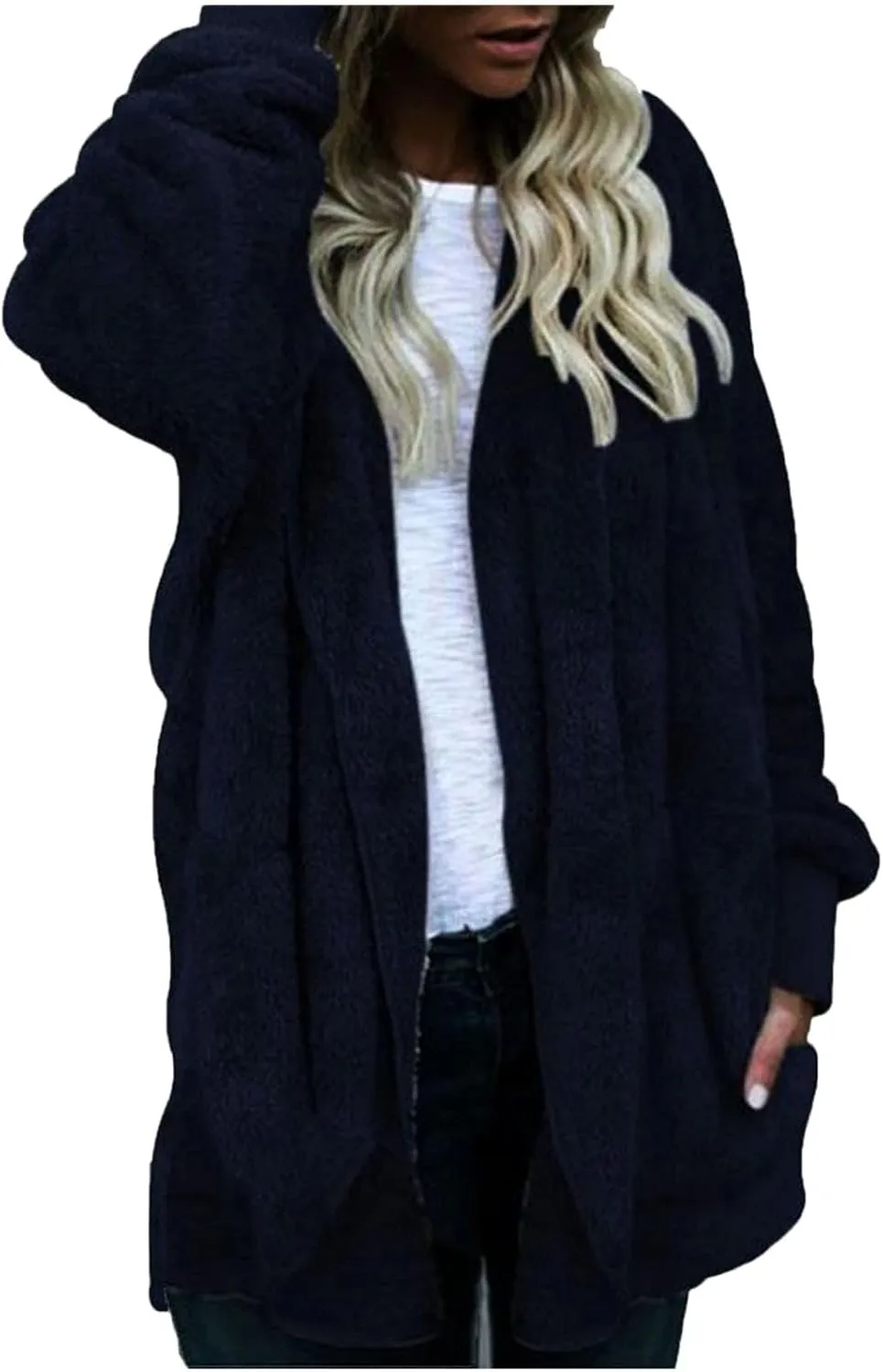 Sherpa Fleece Jacket for Women Plus Size Open Front Cardigan Sweaters Soft Fluffy Outerwear Winter Coats with Pocket
