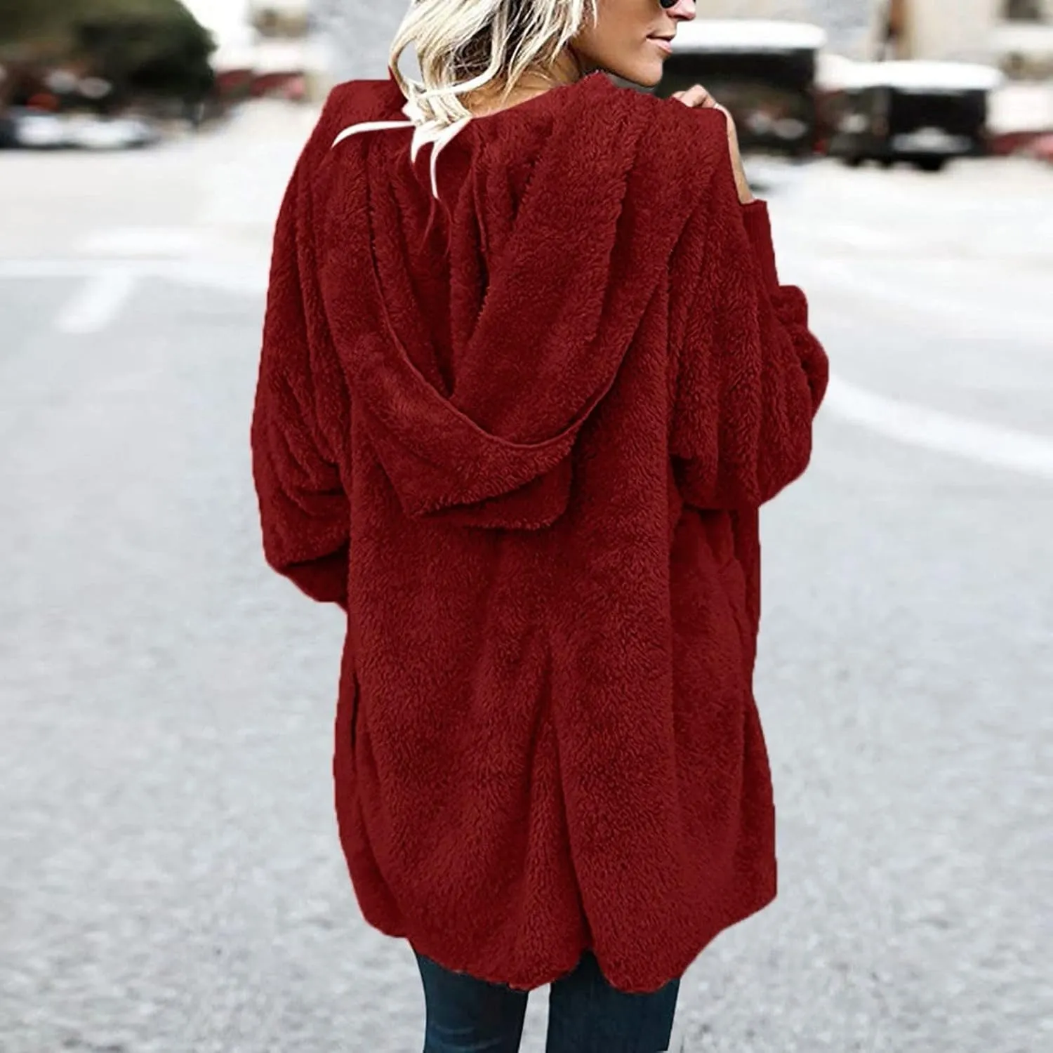 Sherpa Fleece Jacket for Women Plus Size Open Front Cardigan Sweaters Soft Fluffy Outerwear Winter Coats with Pocket