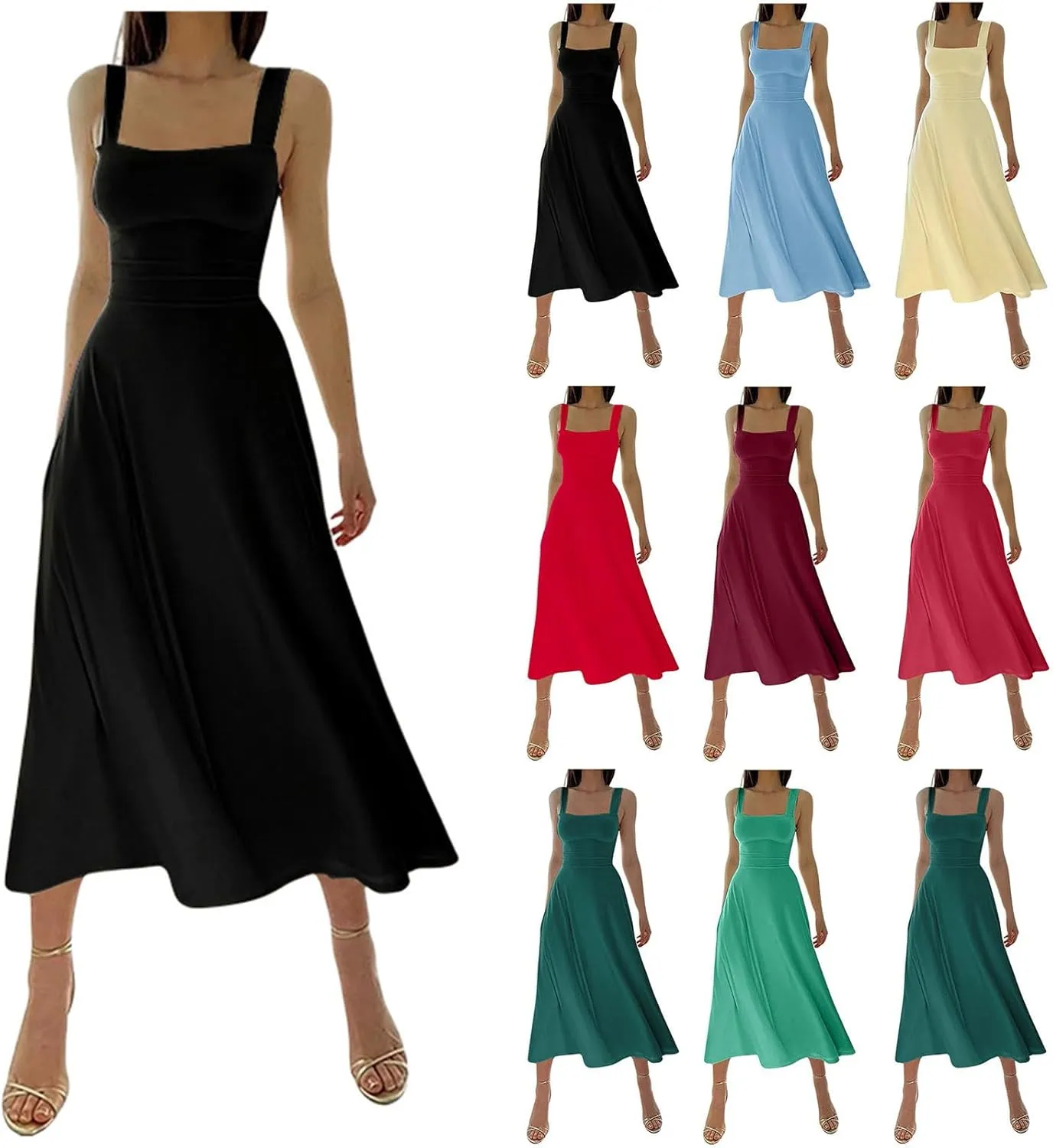 Sleeveless Dresses For Women 2025 Square Neck Slim Fit Waisted Flowy Swing Long Dress Solid Elegant Party Sundress