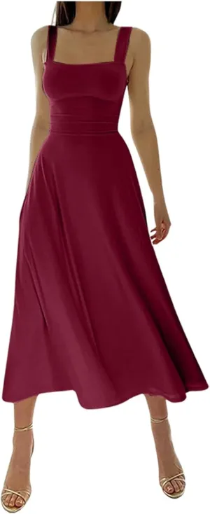 Sleeveless Dresses For Women 2025 Square Neck Slim Fit Waisted Flowy Swing Long Dress Solid Elegant Party Sundress