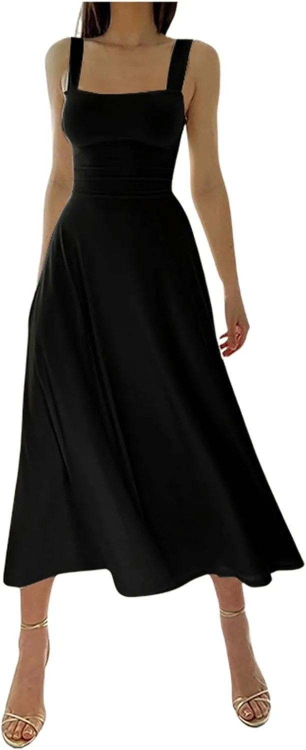 Sleeveless Dresses For Women 2025 Square Neck Slim Fit Waisted Flowy Swing Long Dress Solid Elegant Party Sundress