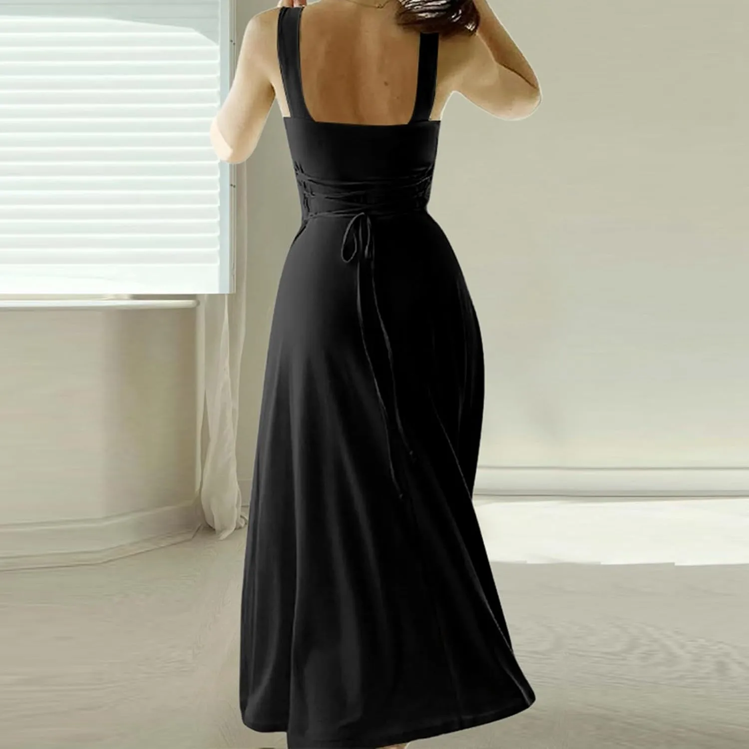 Sleeveless Dresses For Women 2025 Square Neck Slim Fit Waisted Flowy Swing Long Dress Solid Elegant Party Sundress
