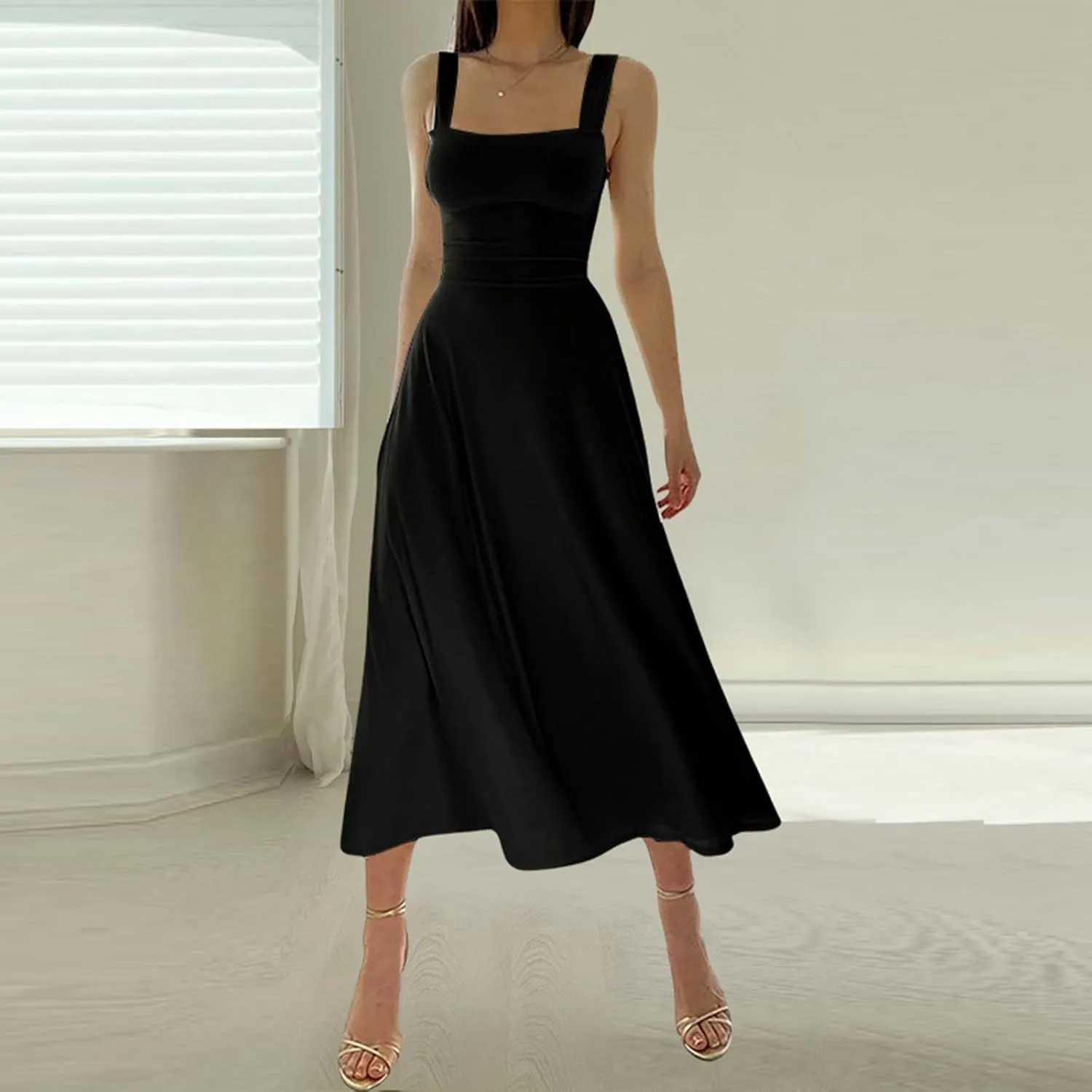 Sleeveless Dresses For Women 2025 Square Neck Slim Fit Waisted Flowy Swing Long Dress Solid Elegant Party Sundress
