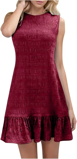 Sleeveless Tank Dresses for Women Summer Ruffle Hem Sundress Casual Mini Dress Solid Color Round Neck Dress 2025