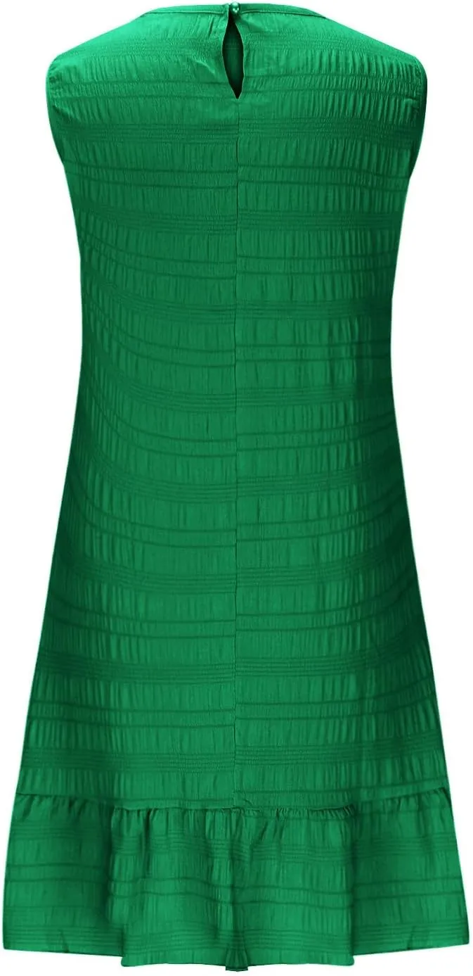 Sleeveless Tank Dresses for Women Summer Ruffle Hem Sundress Casual Mini Dress Solid Color Round Neck Dress 2025