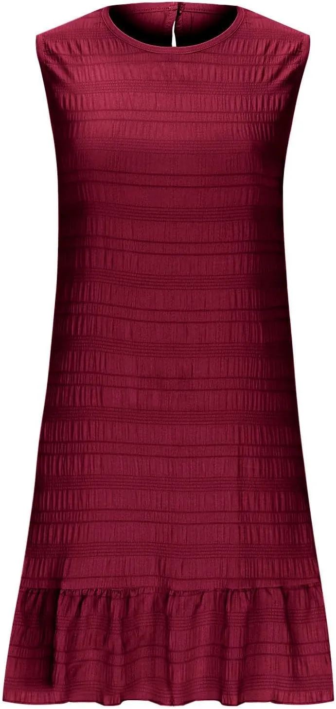 Sleeveless Tank Dresses for Women Summer Ruffle Hem Sundress Casual Mini Dress Solid Color Round Neck Dress 2025