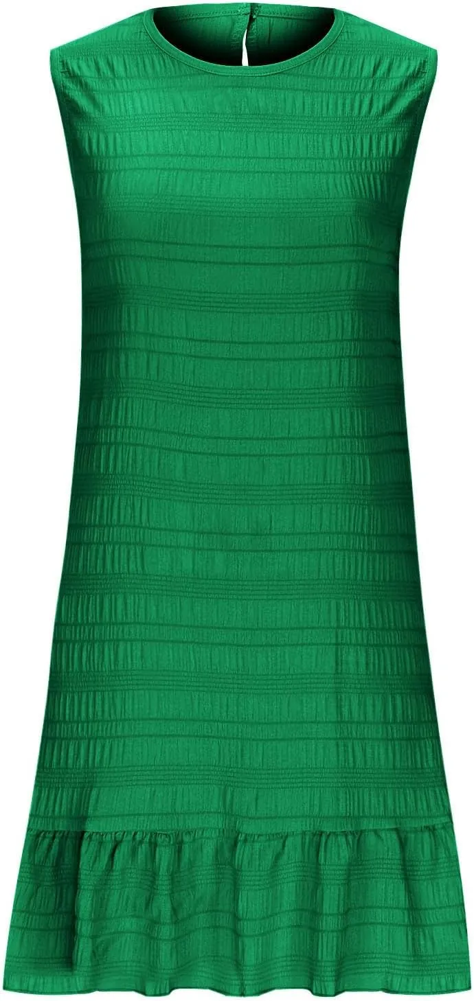 Sleeveless Tank Dresses for Women Summer Ruffle Hem Sundress Casual Mini Dress Solid Color Round Neck Dress 2025