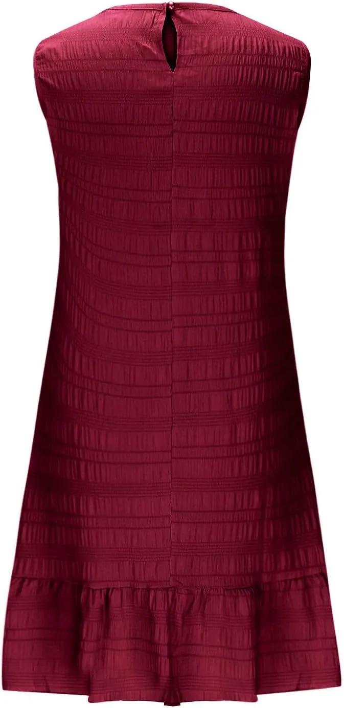Sleeveless Tank Dresses for Women Summer Ruffle Hem Sundress Casual Mini Dress Solid Color Round Neck Dress 2025