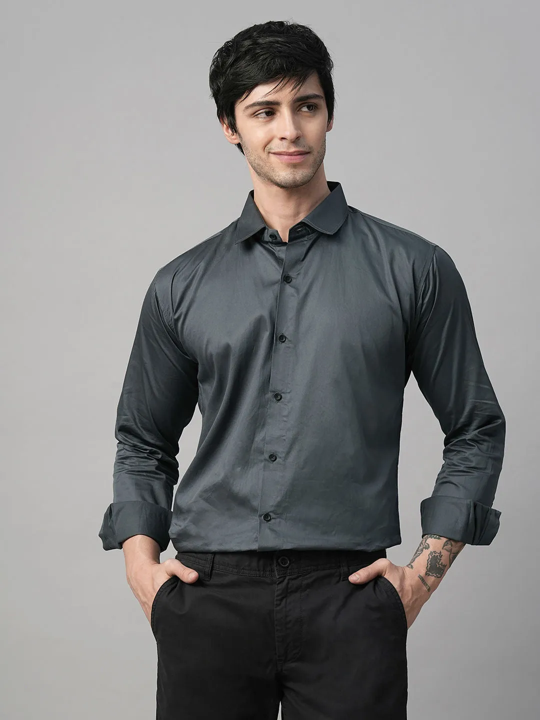 Solid Grey Satin Cotton Shirts for Men