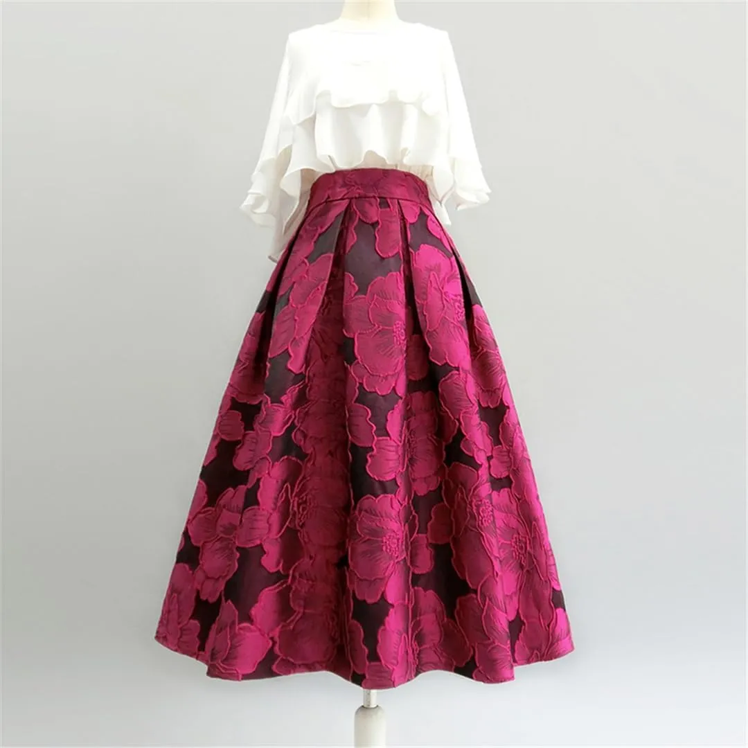Spring Summer Vintage Elegant Plum Blossom Embroidery Aesthetic High Waist Midi Pleated Skirt