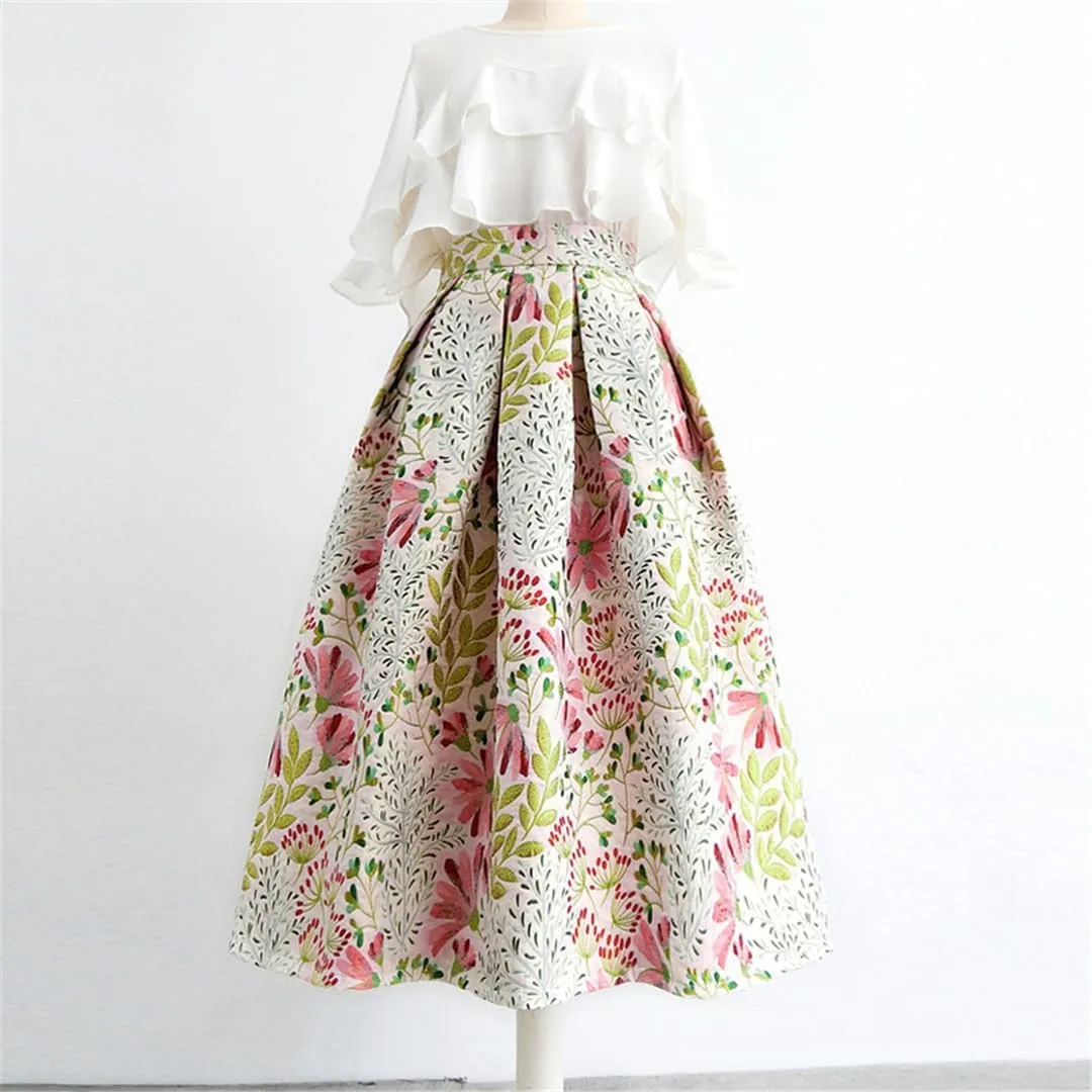 Spring Summer Vintage Elegant Plum Blossom Embroidery Aesthetic High Waist Midi Pleated Skirt
