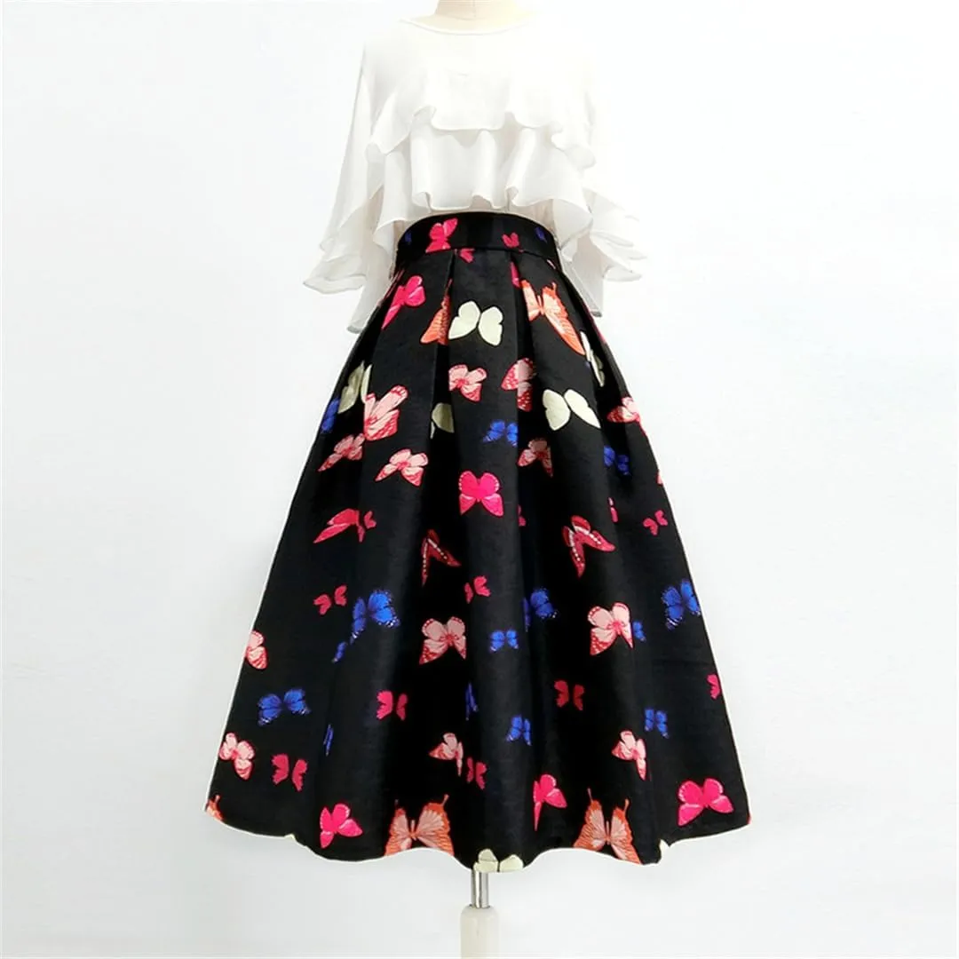 Spring Summer Vintage Elegant Plum Blossom Embroidery Aesthetic High Waist Midi Pleated Skirt