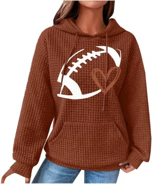 Stessotudo Womens Waffle Knit Hoodies Casual Long Sleeve Cute Football Print Sweatshirts Drawstring Trendy Pullover Tops 2023